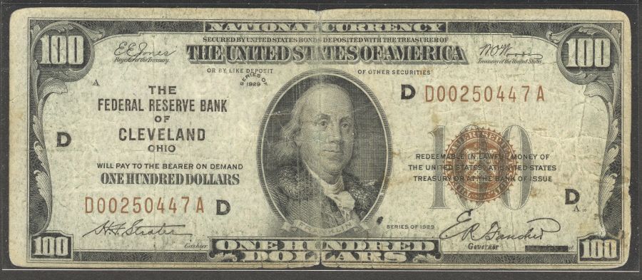 Fr.1890-D, 1929 $100 FRBN, Cleveland, G/VG, D00250447A